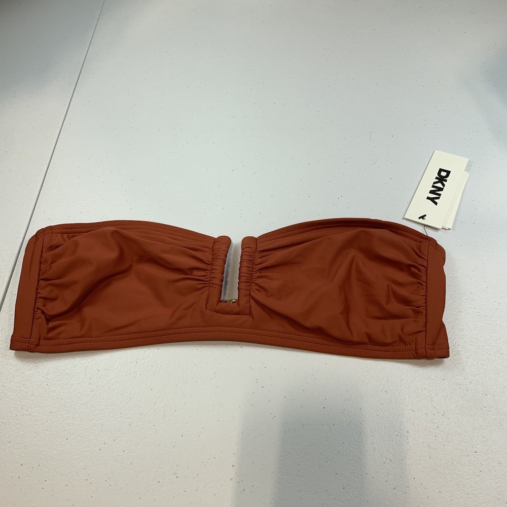 DKNY Women's Swim Bikini Top M Bandeau U Wire Shirred Rust Sunset Brown